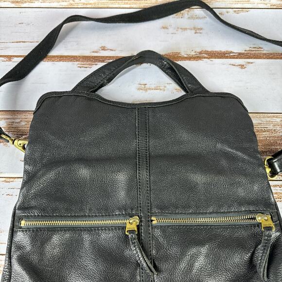 Vintage Fossil Folder Over Black Leather Purse Brass Shoulder Bag - Picture 2 of 7